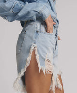 One Teaspoon Blue Heart Frankies Low Waist Long Length Denim Short