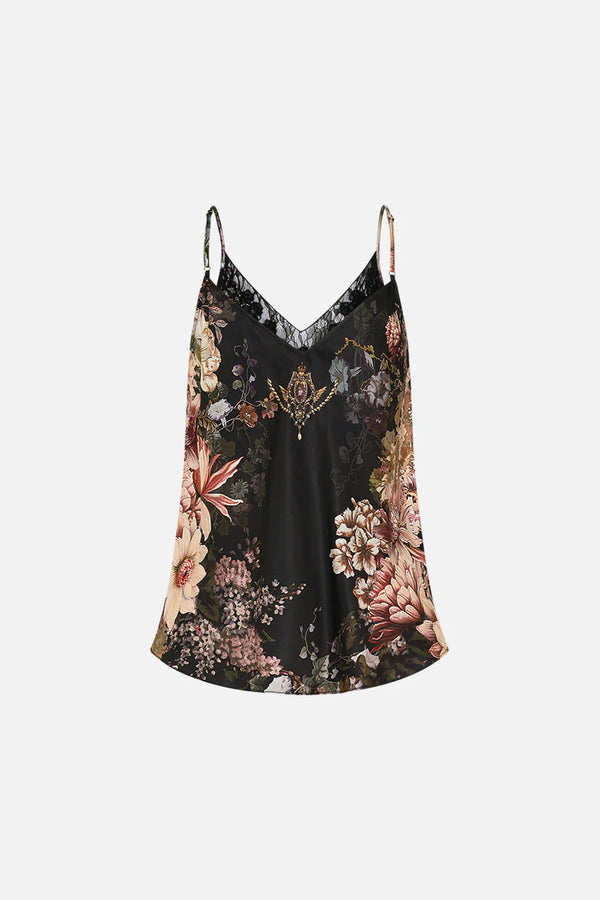 Camilla Dynasty Daze V-Neck Bias Cami with Lace and Embroidery
