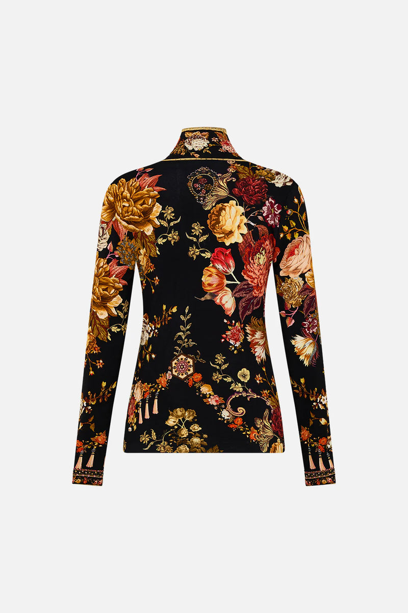 Black floral jersey long sleeve top.