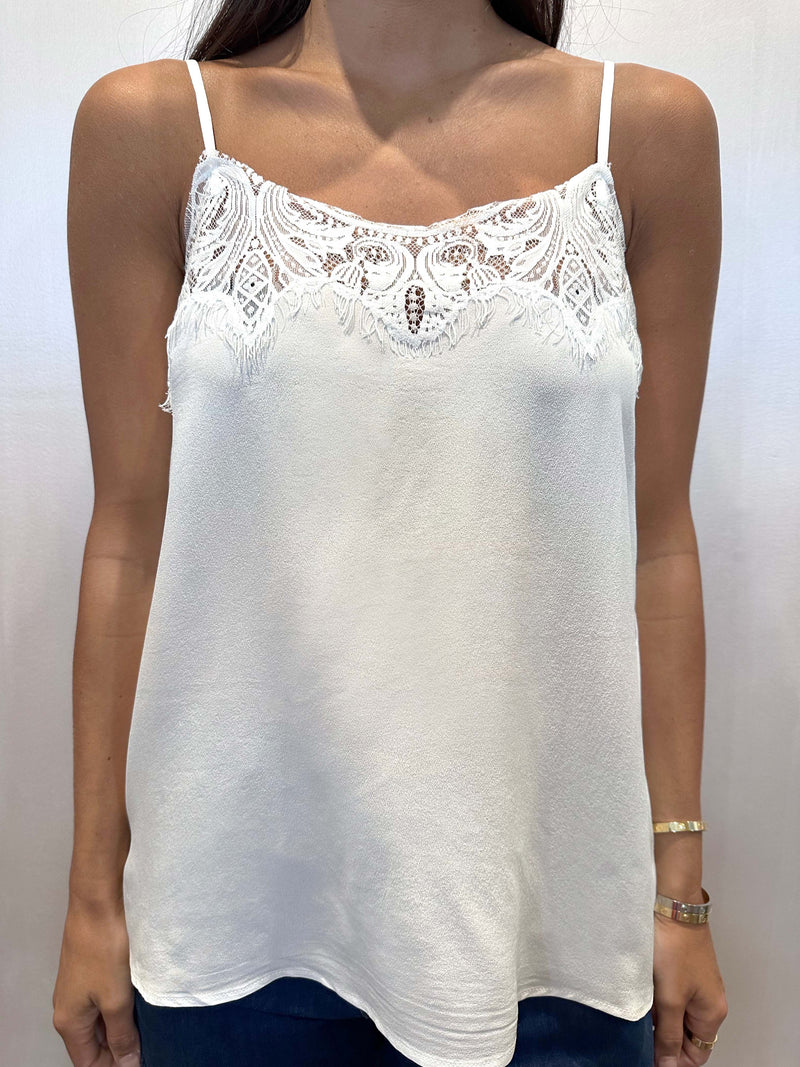 White lace trim silk cami, perfect for layering.