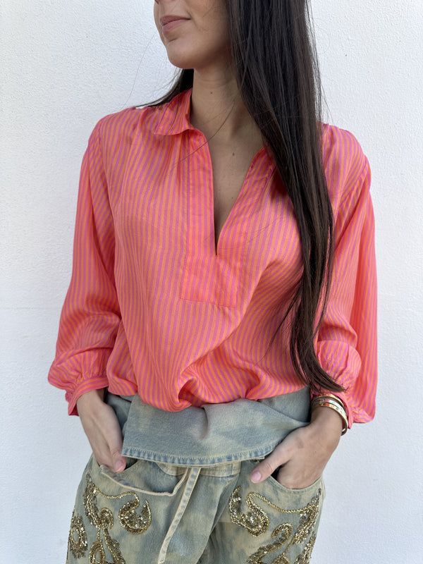 Mes Demoiselles Hor Blouse - Orange/Pink Stripe