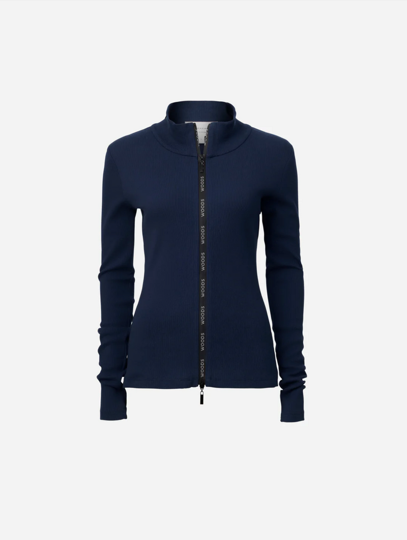 Navy blue long sleeve with zip down the centre.